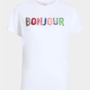 Cinq a Sept Bonjour Sequin White 100% Cotton T-Shirt Small/Medium
